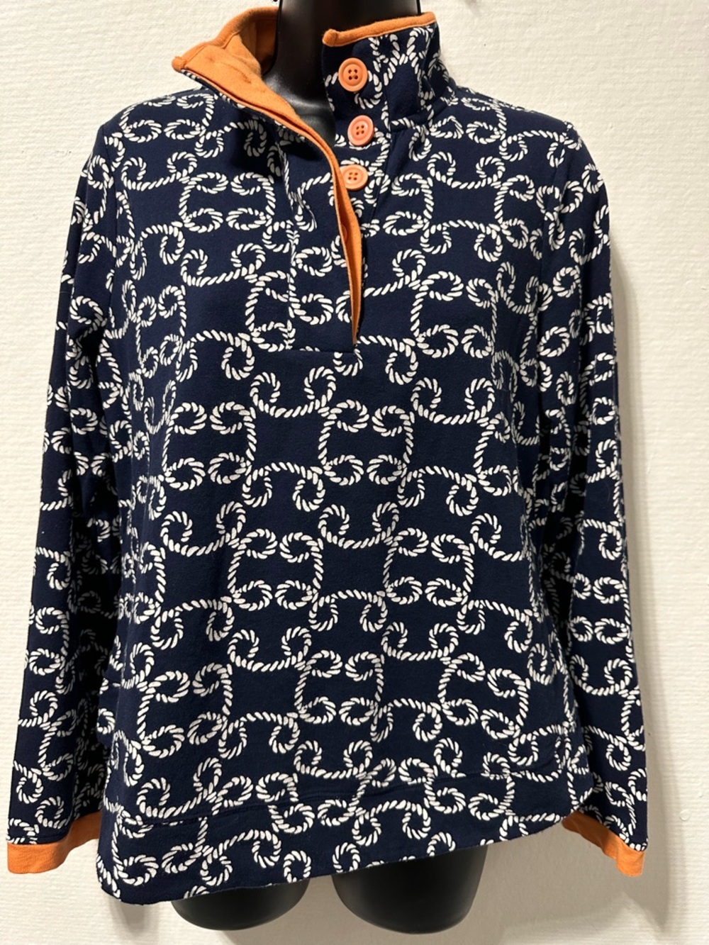 crown & ivy Navy Rope-Print Pullover with Orange Accents